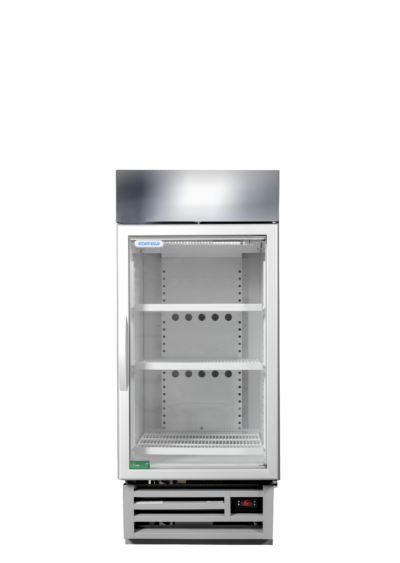 Tall stainless-steel commercial display refrigerator/freezer with a glass door, interior shelves, and a digital temperature display at the bottom.