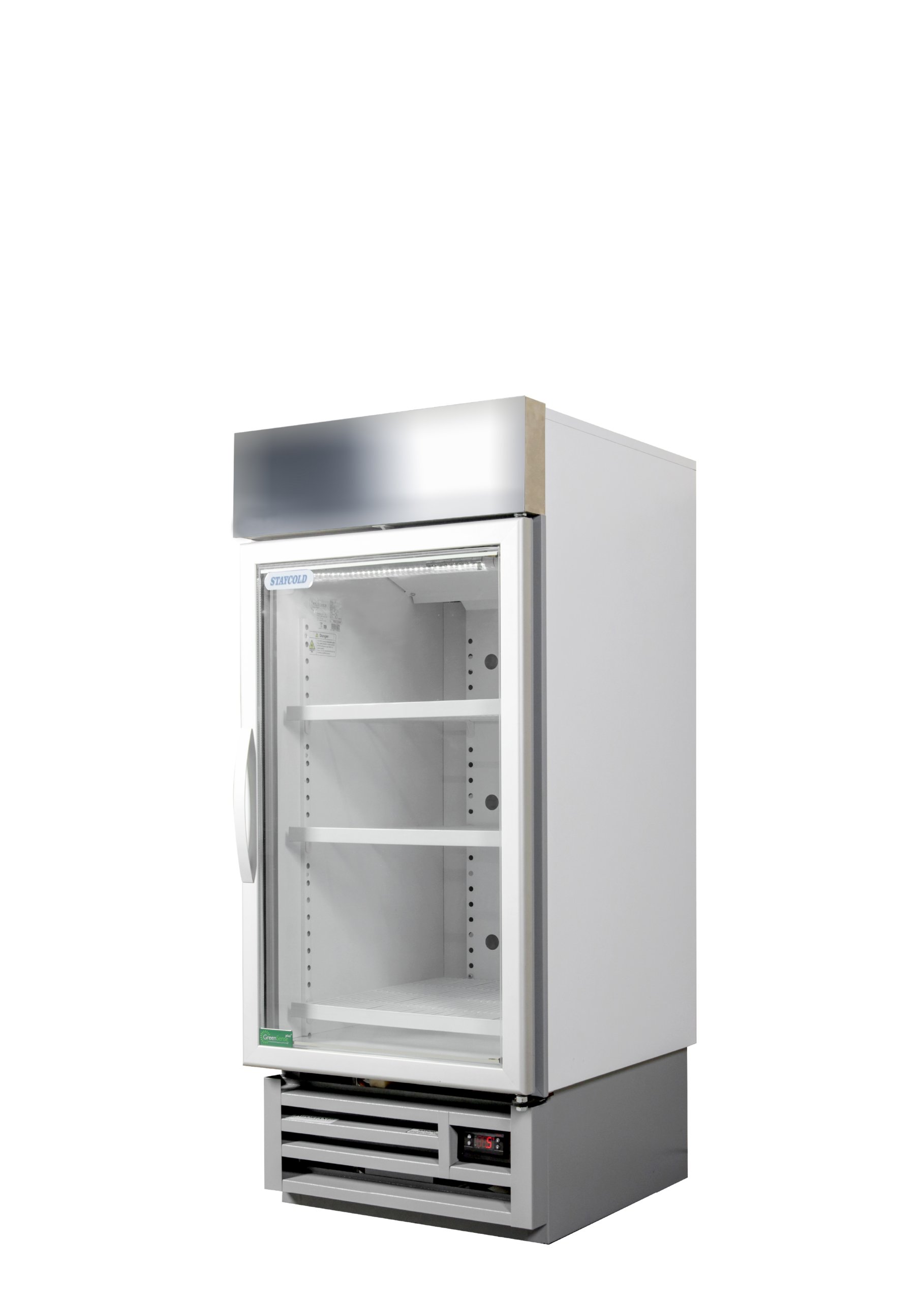 Upright glass-door refrigerator with stainless steel exterior and digital temperature display at the base, empty shelves inside.