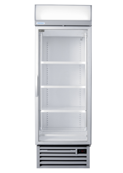 Tall glass-front commercial freezer with multiple wire shelves and a top illuminated display case labeled Staycold, used to showcase chilled items.