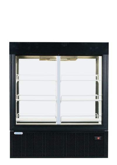 Empty glass-door display cooler with white wire shelves and a black exterior frame; digital temperature readout on the lower right shows 49°F.