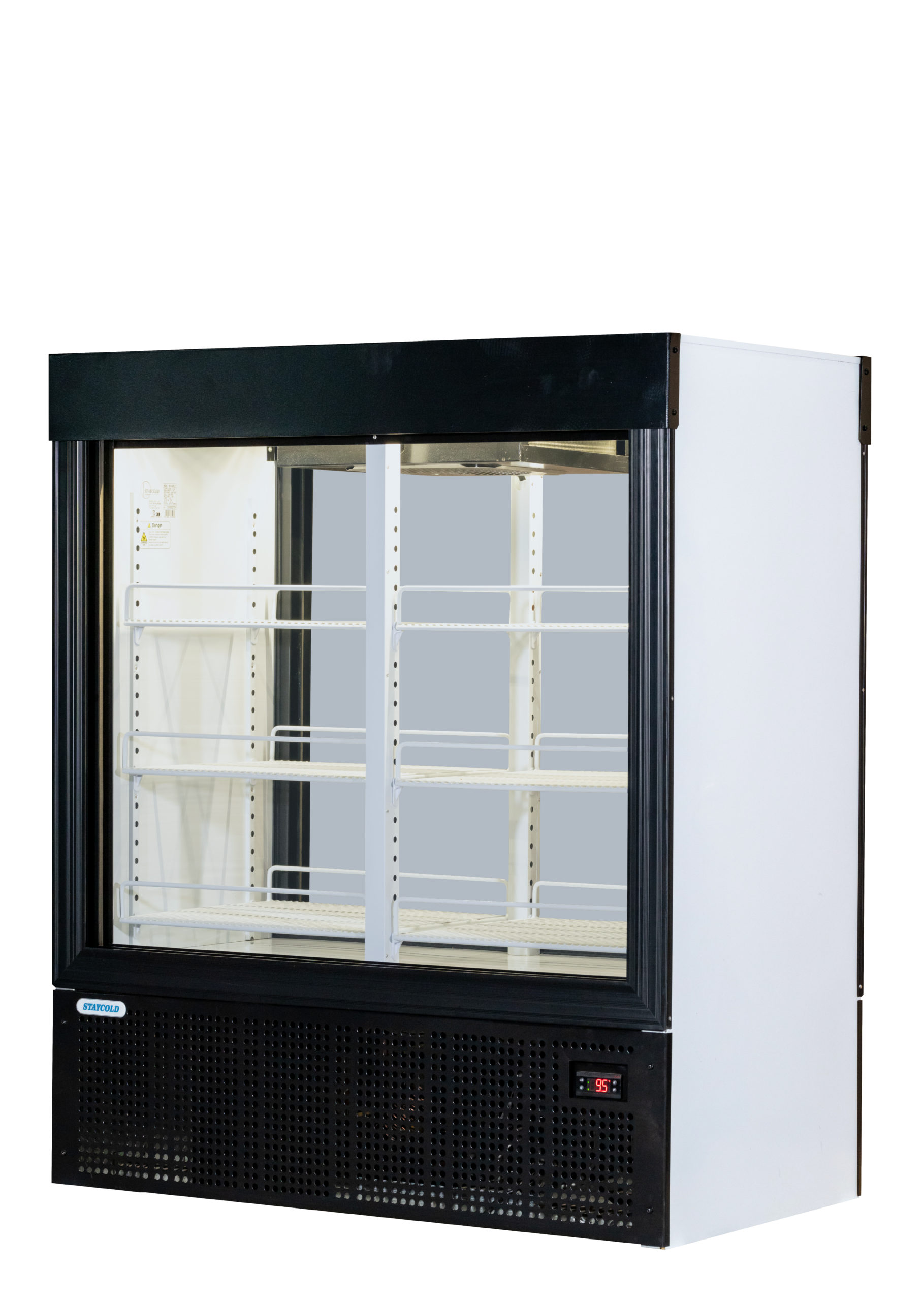 Black-framed glass-door commercial display refrigerator with white interior shelving and a digital temperature readout.