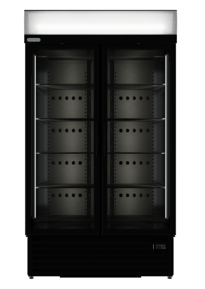 Double-door glass-front beverage cooler with interior shelves and bright top light, labeled StayCold at the top left.