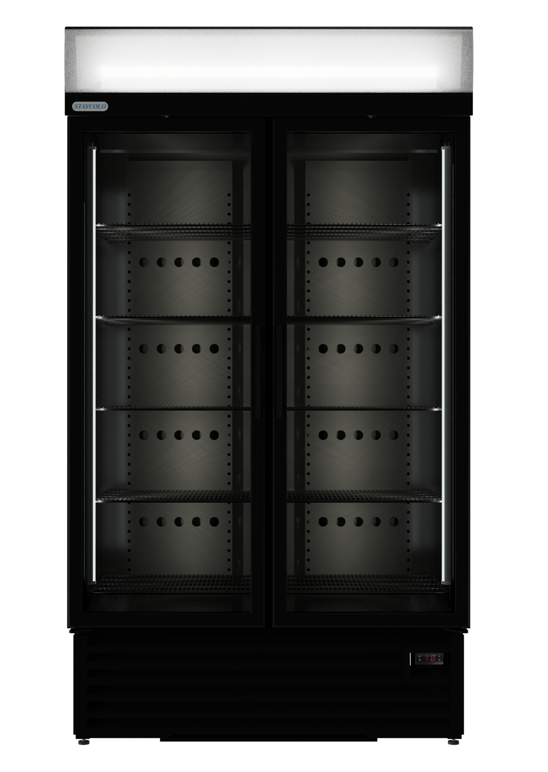 Double-door glass-front beverage cooler with interior shelves and bright top light, labeled StayCold at the top left.