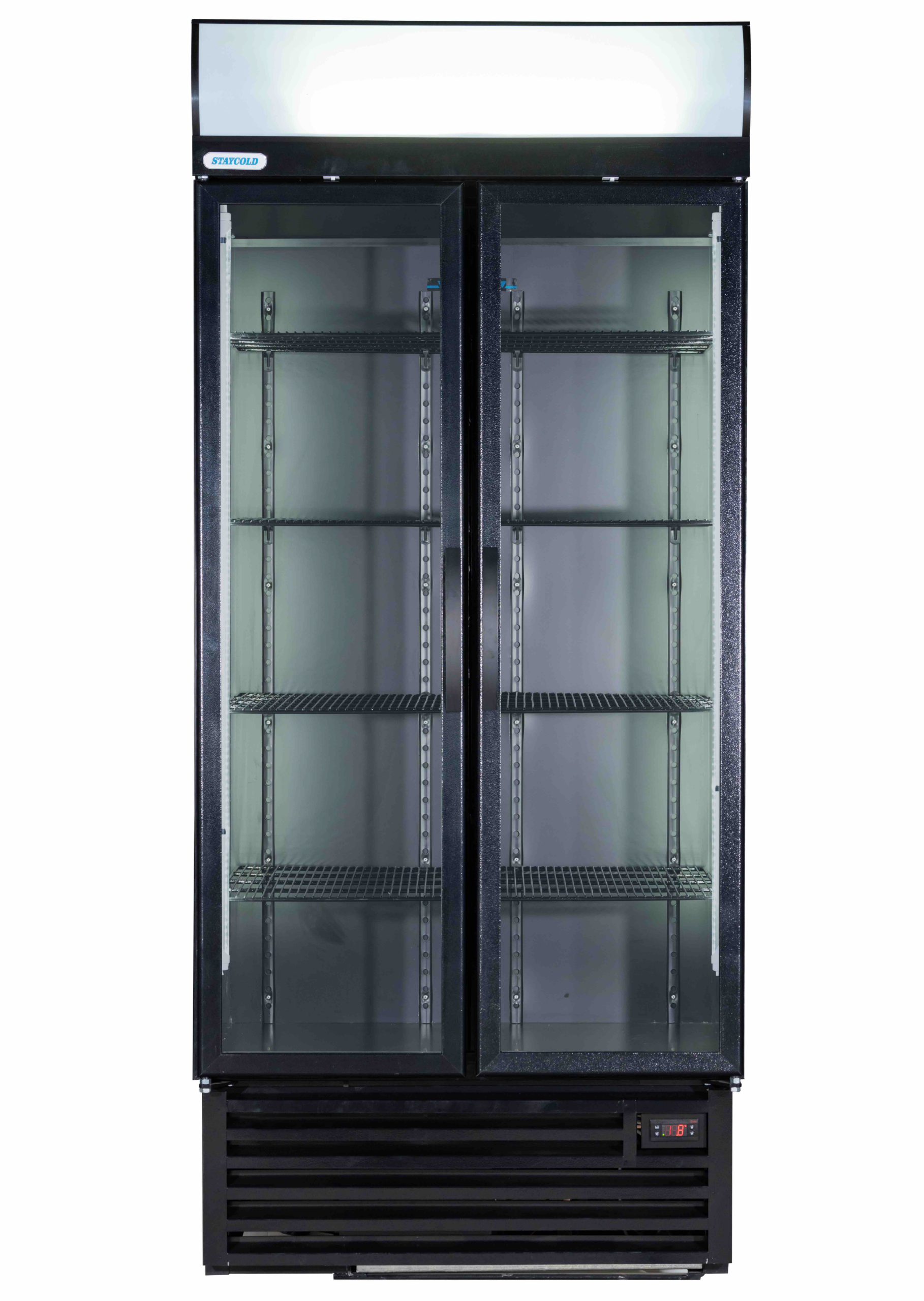 Double-door glass-front commercial refrigerator with empty interior shelves and a temperature display at the base. StayCold label visible on the top unit.