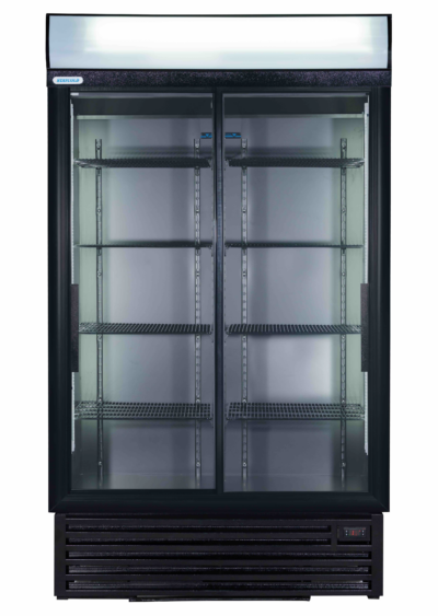 Double-door glass-front commercial freezer with metal shelves and empty interior.