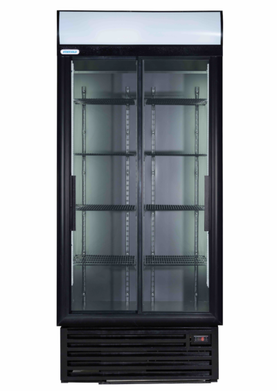 Tall dual-door glass-front freezer with empty metal shelves and a StayCold sticker on the top left, digital temp display at the bottom right edge.
