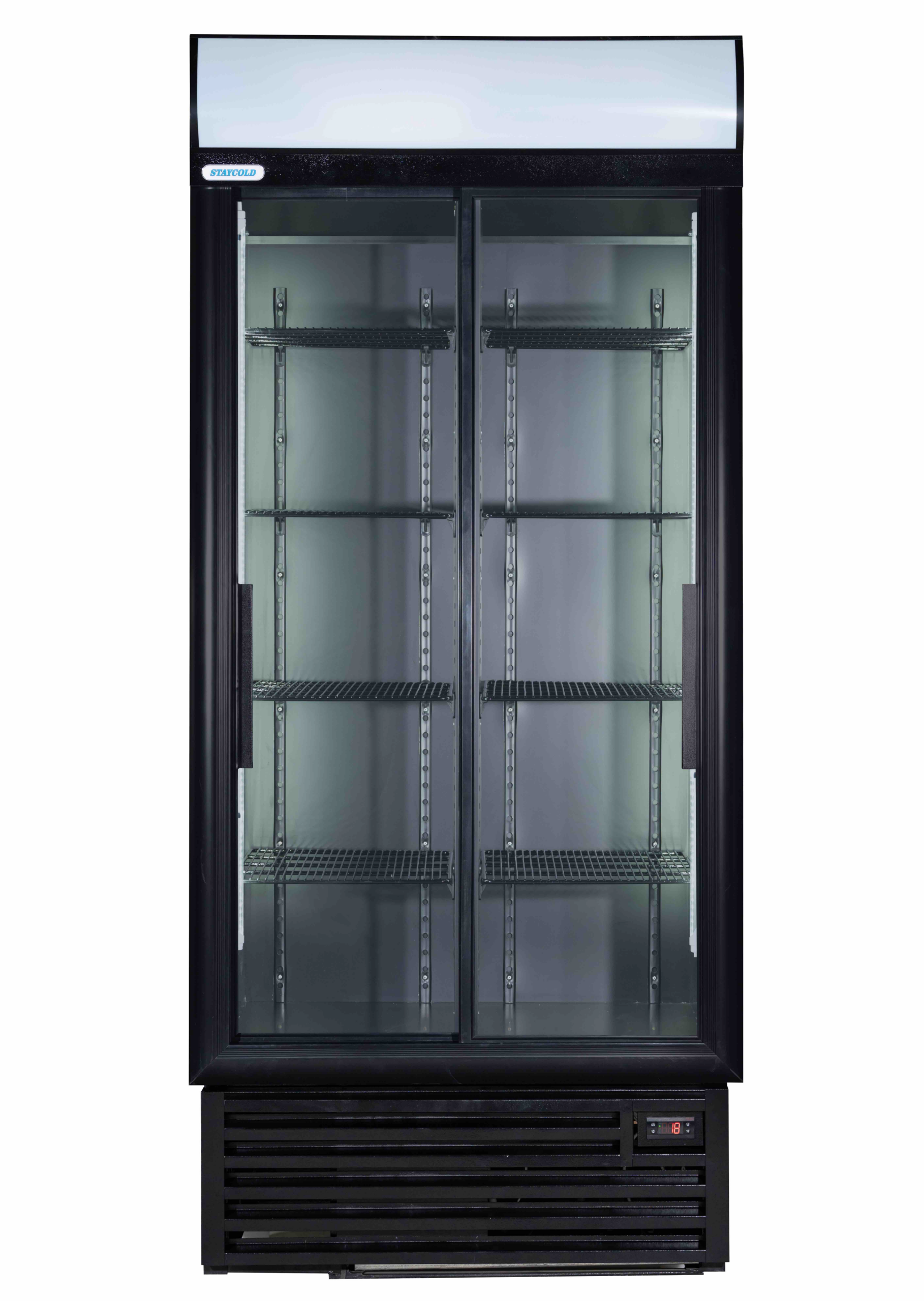 Tall dual-door glass-front freezer with empty metal shelves and a StayCold sticker on the top left, digital temp display at the bottom right edge.