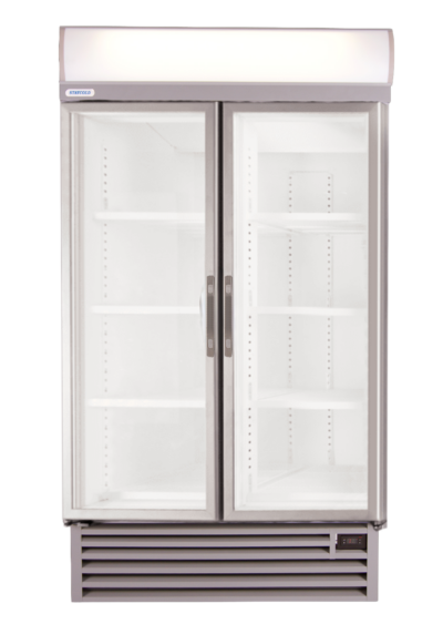 Two-door glass-front commercial refrigerator with interior shelves and a refrigerated bottom base; a top light panel and temperature display on the right.