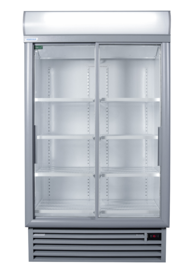 Double-door glass-front commercial refrigerator with empty shelves and a digital temperature display at the base showing 15°C.