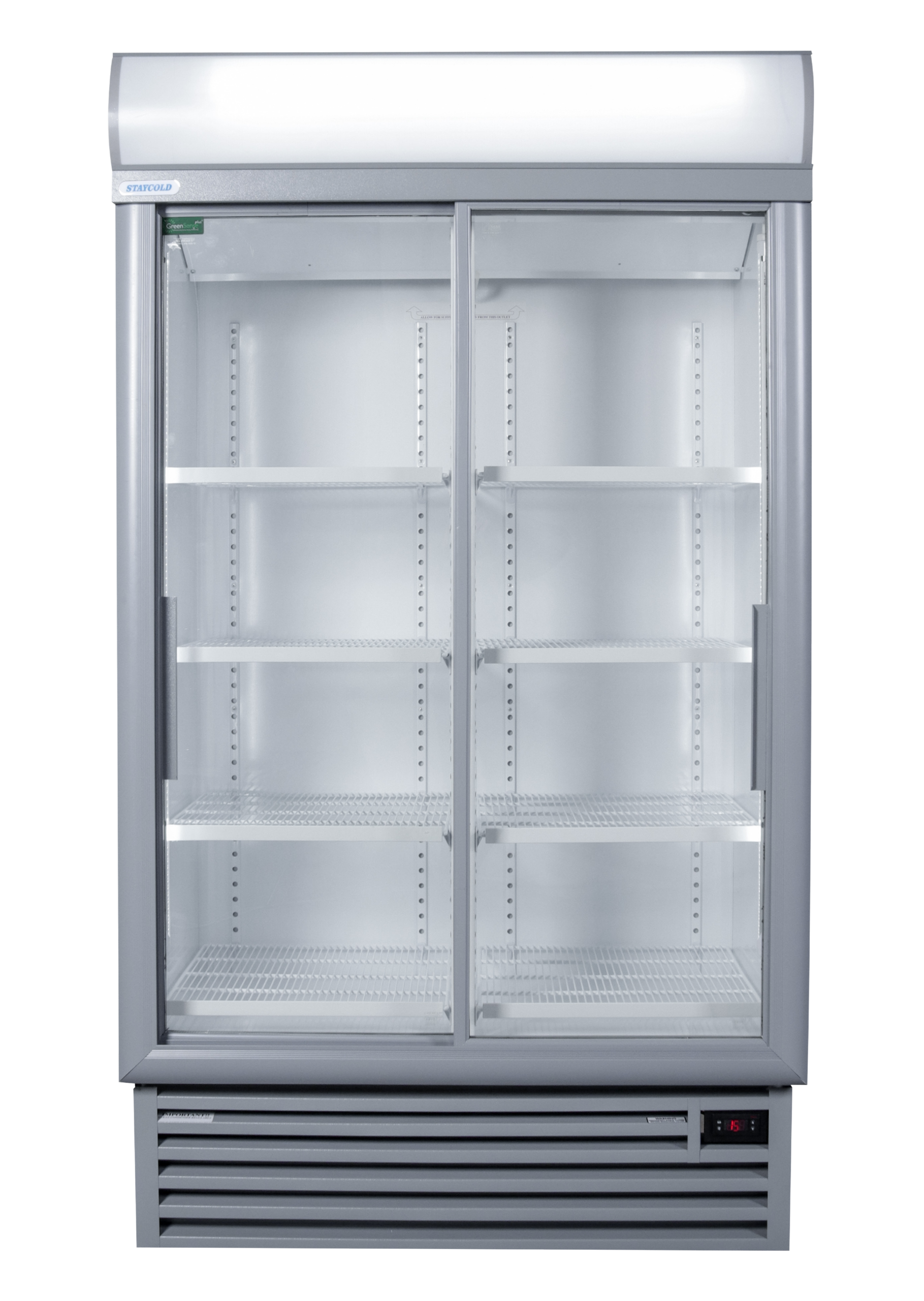 Double-door glass-front commercial refrigerator with empty shelves and a digital temperature display at the base showing 15°C.