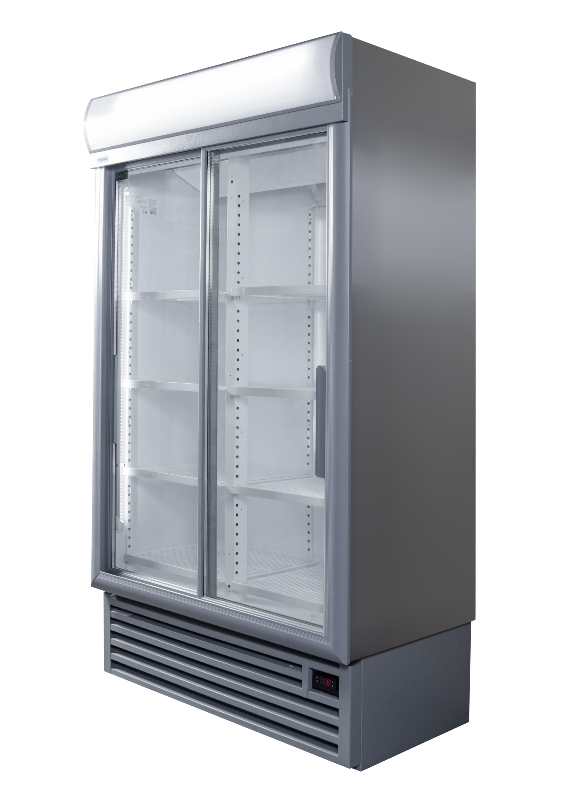Tall commercial display refrigerator with two glass doors and empty shelves inside.
