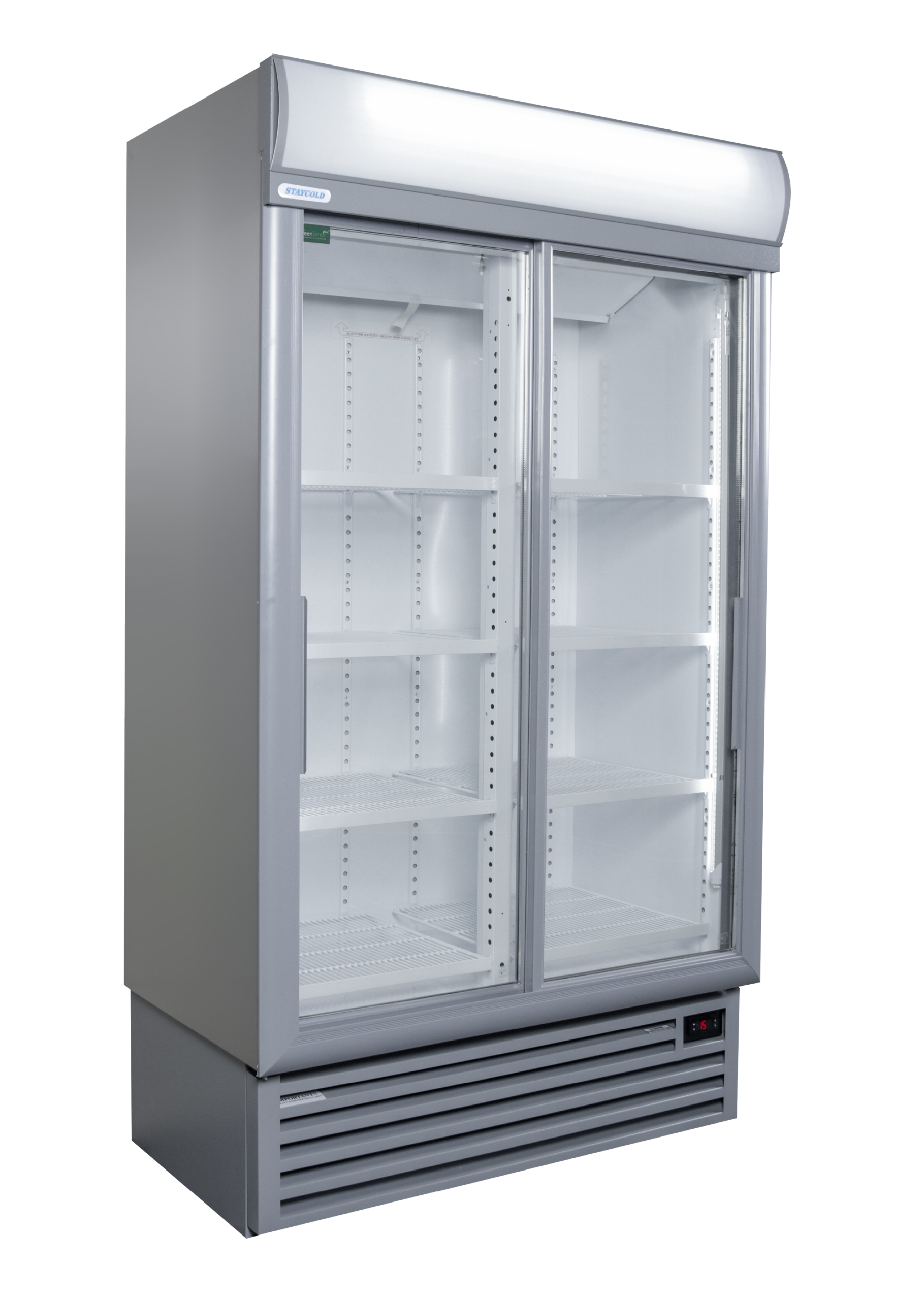 Double-door glass-front commercial refrigerator display case, full of empty shelves and a vented base.