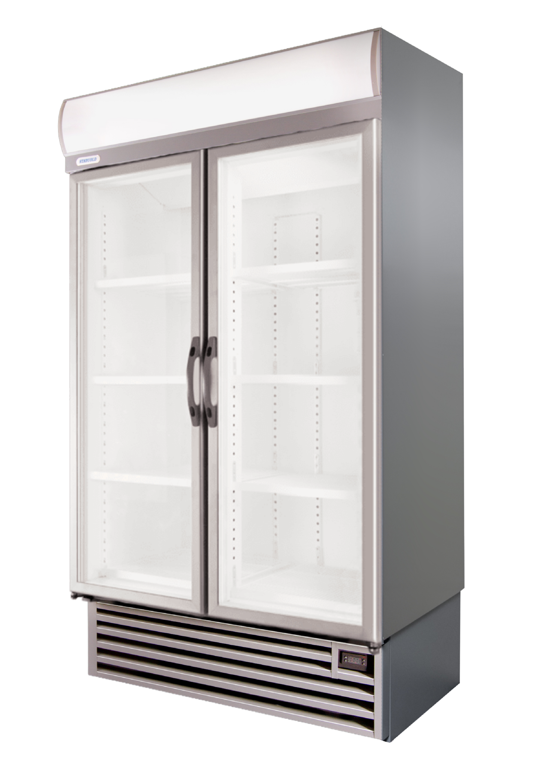 Double-door glass-front commercial refrigerator with interior shelves and a top light (display cooler). Refridgerated display unit with stainless frame and bottom vent.