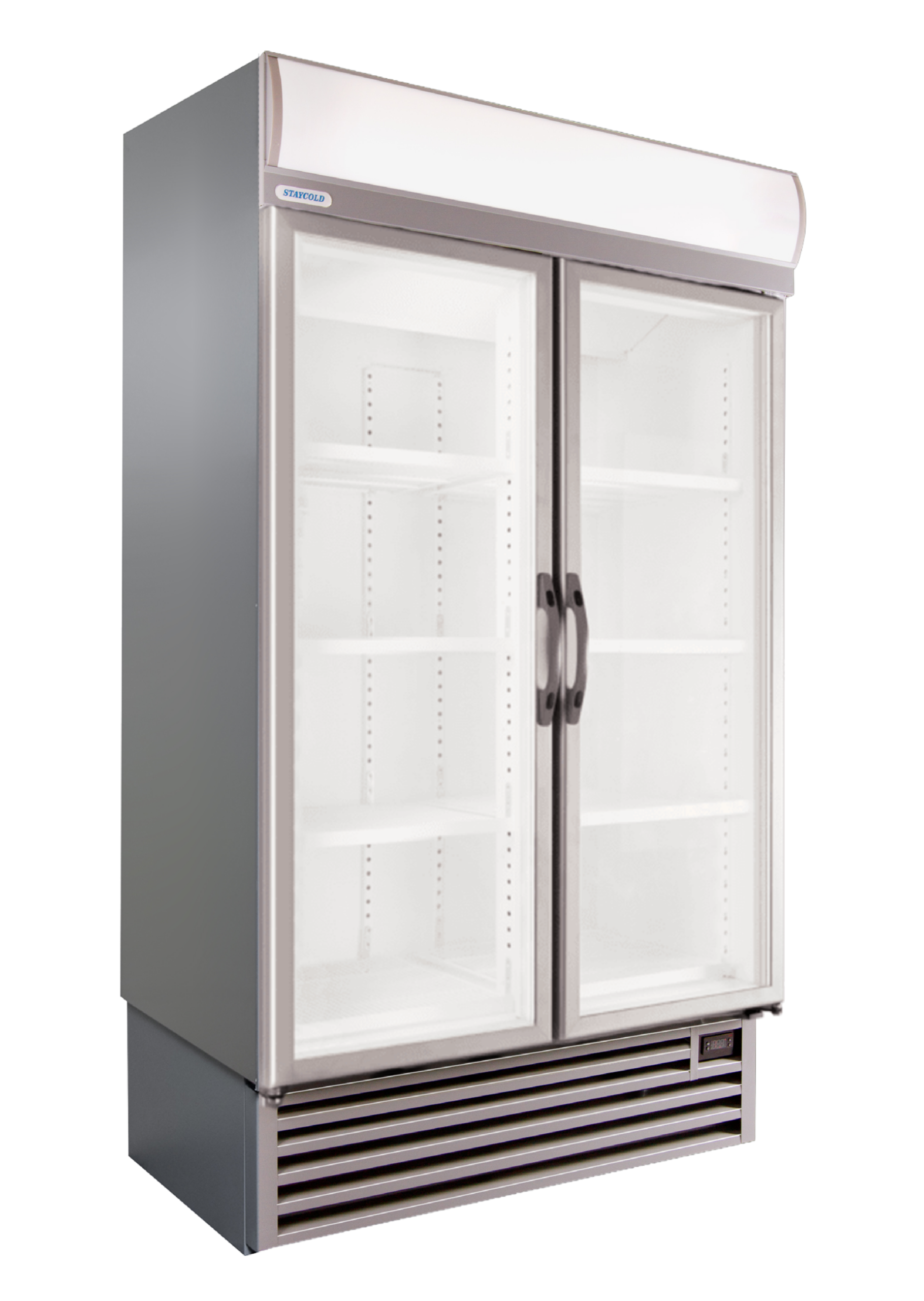Two-door glass-door commercial refrigerator with curved top and shelving inside.