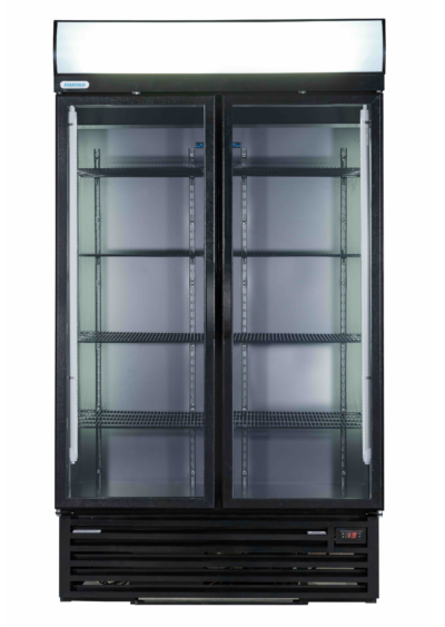 Double-door glass-front commercial refrigerator with empty shelves and a digital temperature display at the bottom right.