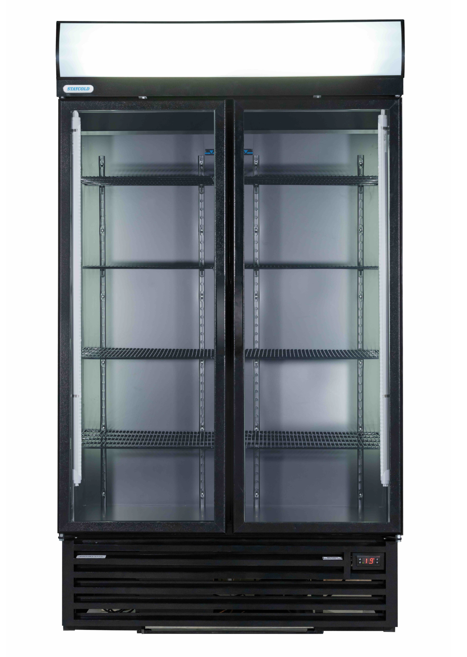 Double-door glass-front commercial refrigerator with empty shelves and a digital temperature display at the bottom right.