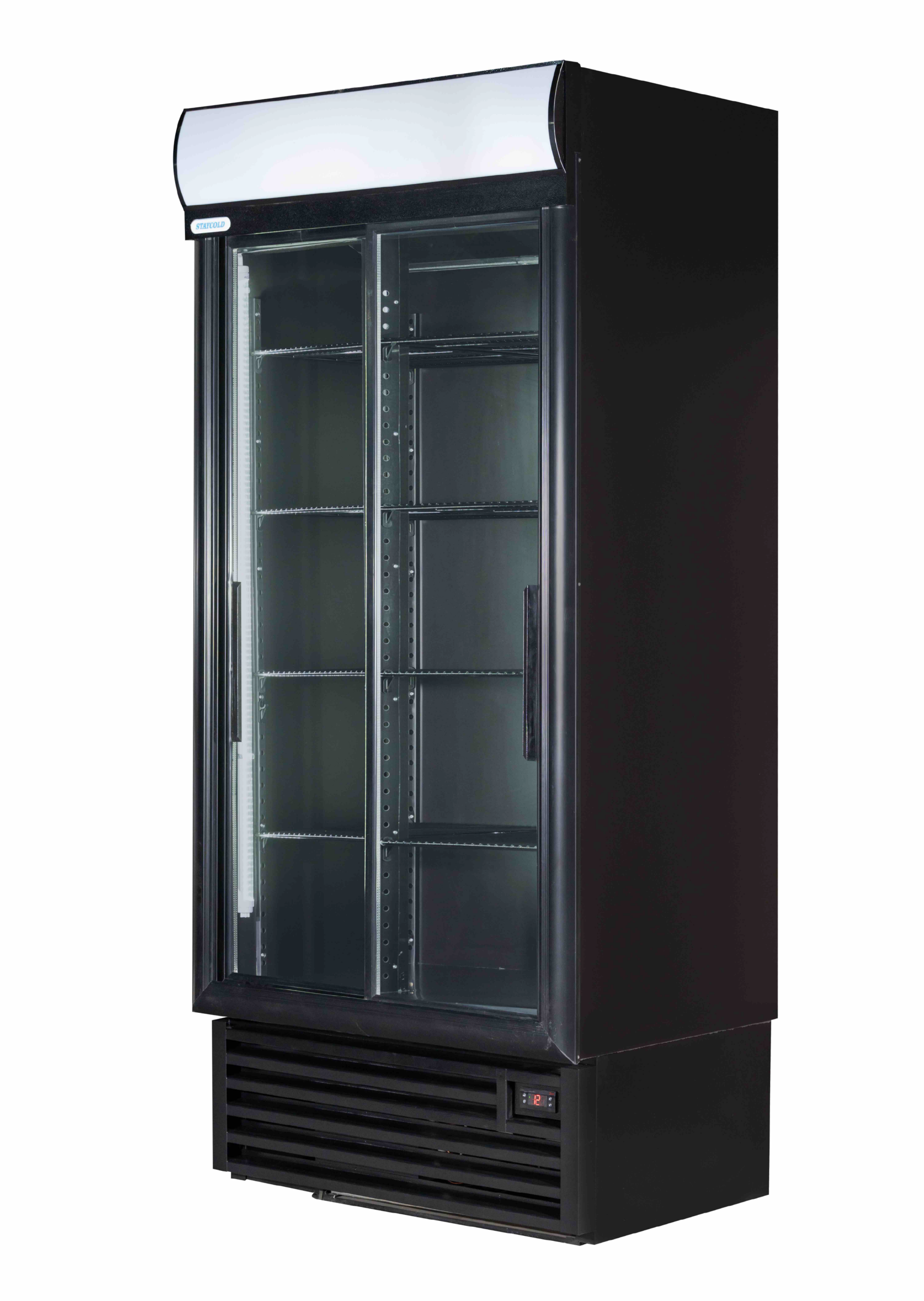 Black upright commercial display refrigerator with glass doors and metal shelves, empty interior, digital temperature display at base.