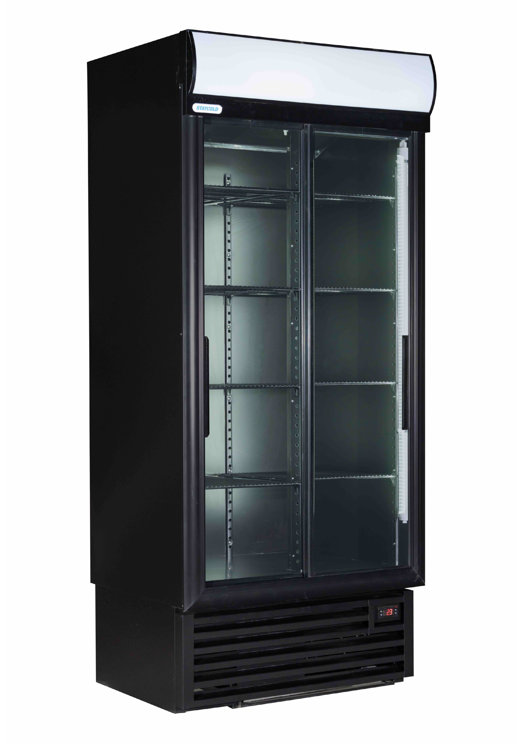 Tall black upright display refrigerator with two glass doors and metal wire shelves, digital temp readout at base.